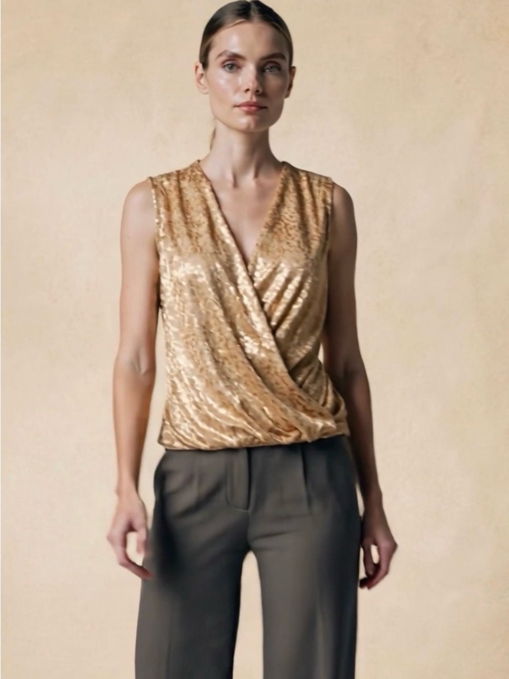 Status by Chenault Gold Metallic Faux Wrap Blouse XL Sleeveless Shimmer top
